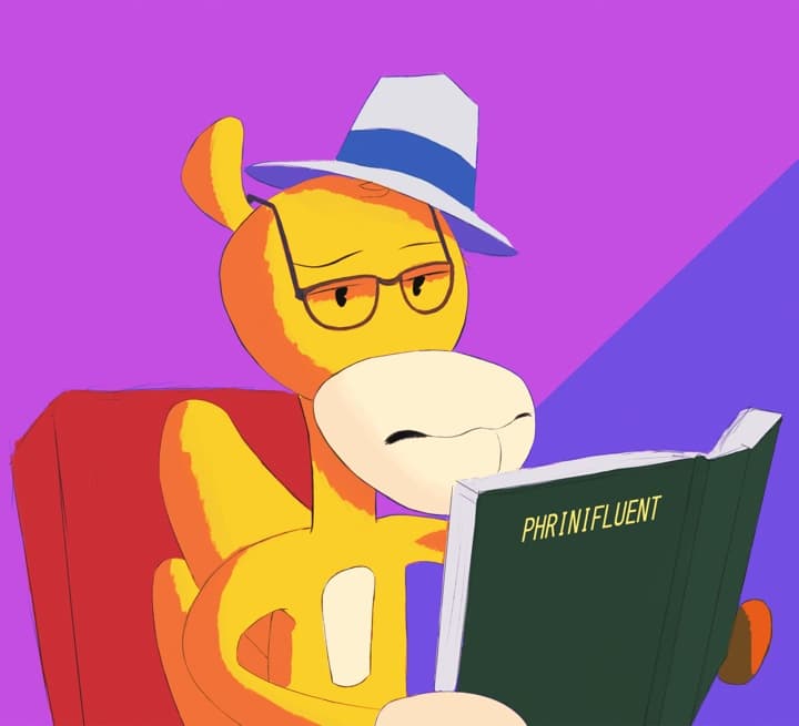 Phrini in a fedora, reading a green book titled PhriniFluent